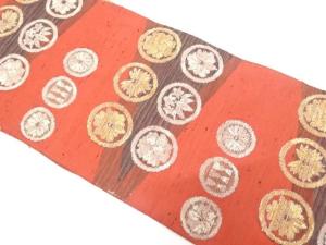 アンティーク　節紬　丸に草花模様織り出し名古屋帯（着用可）